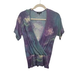 Karen Kane Wrap Top Large Purple Short Sleeve Wool Blend 646